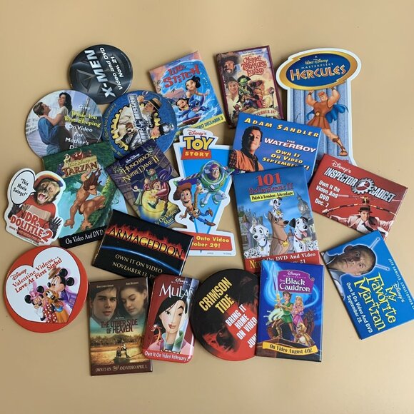 20 Vintage Disney and Movie Promo Video Store Advertising Button Pins Lot #2 - Picture 1 of 5